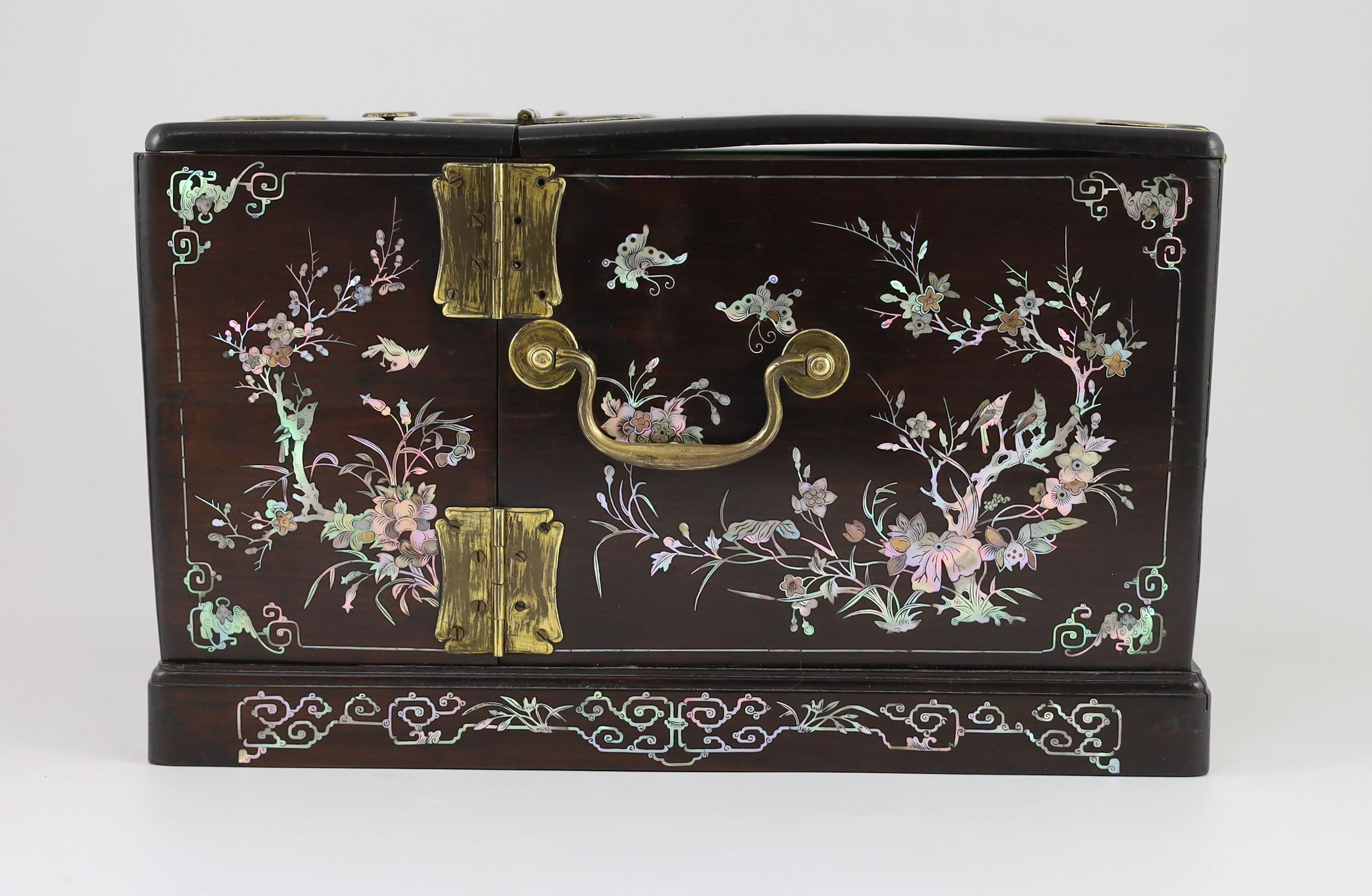 A Chinese hongmu and mother-of-pearl make up or jewellery box, late 19th century, 36 cm x 27 cm